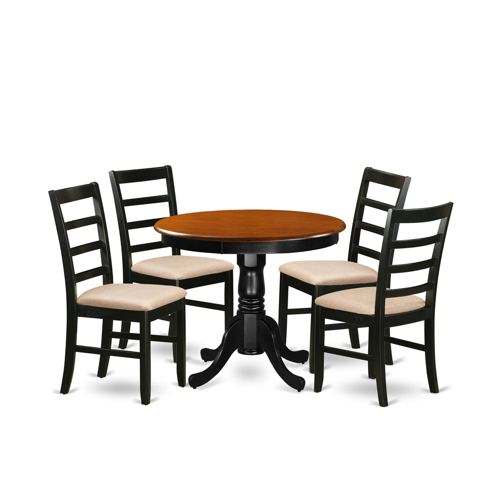 East West Furniture ANPF5-BLK-C 5 Piece Kitchen Table & Chairs Set Includes a Round Dining Room Table with Pedestal and 4 Linen Fabric Upholstered Chairs, 36x36 Inch, Black & Cherry