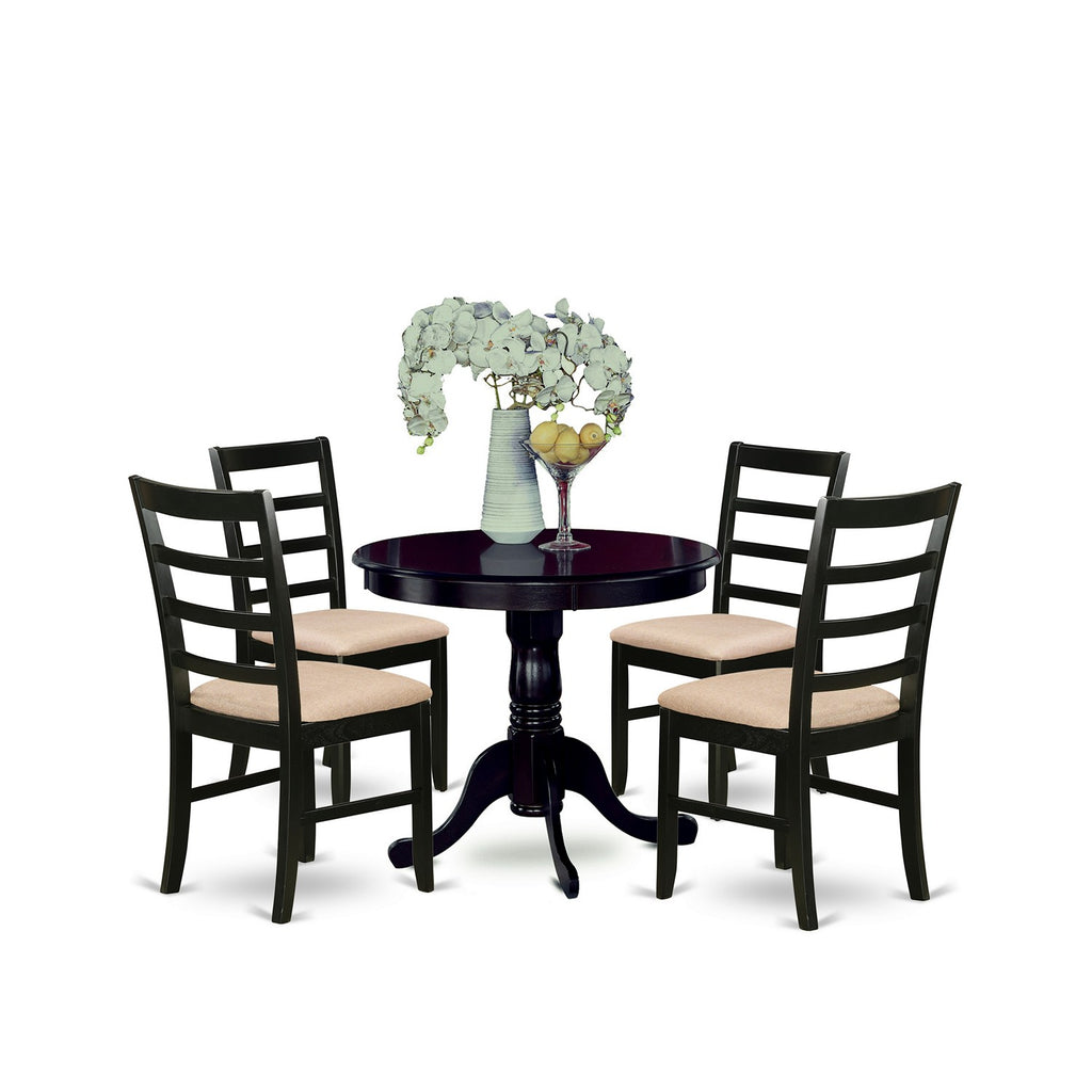 East West Furniture ANPF5-CAP-C 5 Piece Dining Set Includes a Round Kitchen Table with Pedestal and 4 Linen Fabric Upholstered Dining Chairs, 36x36 Inch, Cappuccino