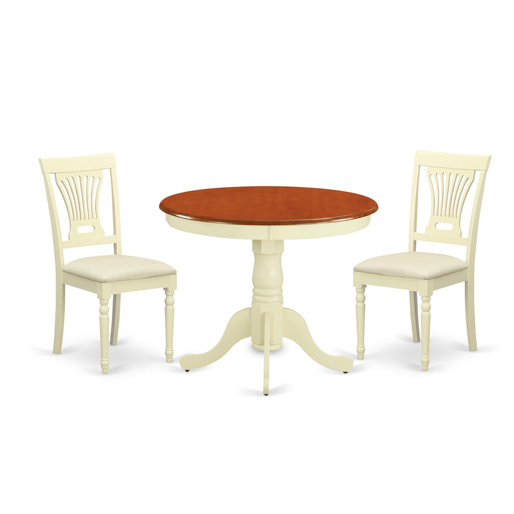 East West Furniture ANPL3-WHI-C 3 Piece Dining Table Set for Small Spaces Contains a Round Kitchen Table with Pedestal and 2 Linen Fabric Kitchen Dining Chairs, 36x36 Inch, Buttermilk & Cherry