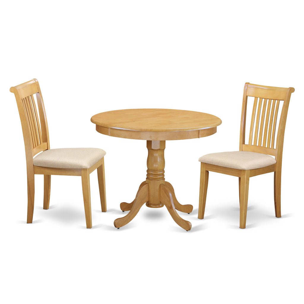 East West Furniture ANPO3-OAK-C 3 Piece Kitchen Table & Chairs Set Contains a Round Dining Room Table with Pedestal and 2 Linen Fabric Upholstered Chairs, 36x36 Inch, Oak