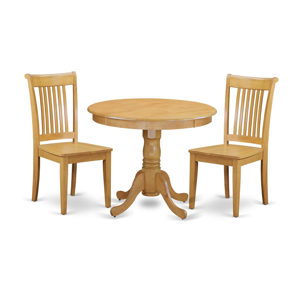 East West Furniture ANPO3-OAK-W 3 Piece Dinette Set for Small Spaces Contains a Round Kitchen Table with Pedestal and 2 Dining Room Chairs, 36x36 Inch, Oak