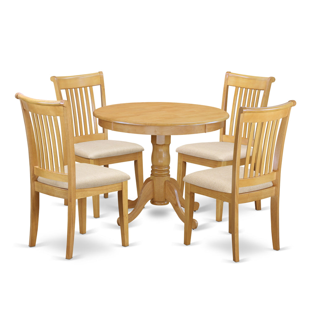 East West Furniture ANPO5-OAK-C 5 Piece Modern Dining Table Set Includes a Round Kitchen Table with Pedestal and 4 Linen Fabric Dining Room Chairs, 36x36 Inch, Oak