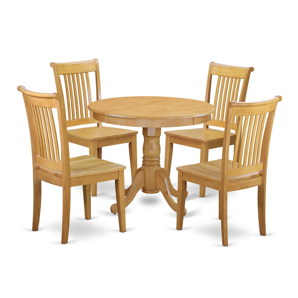 East West Furniture ANPO5-OAK-W 5 Piece Kitchen Table Set for 4 Includes a Round Dining Room Table with Pedestal and 4 Dining Chairs, 36x36 Inch, Oak