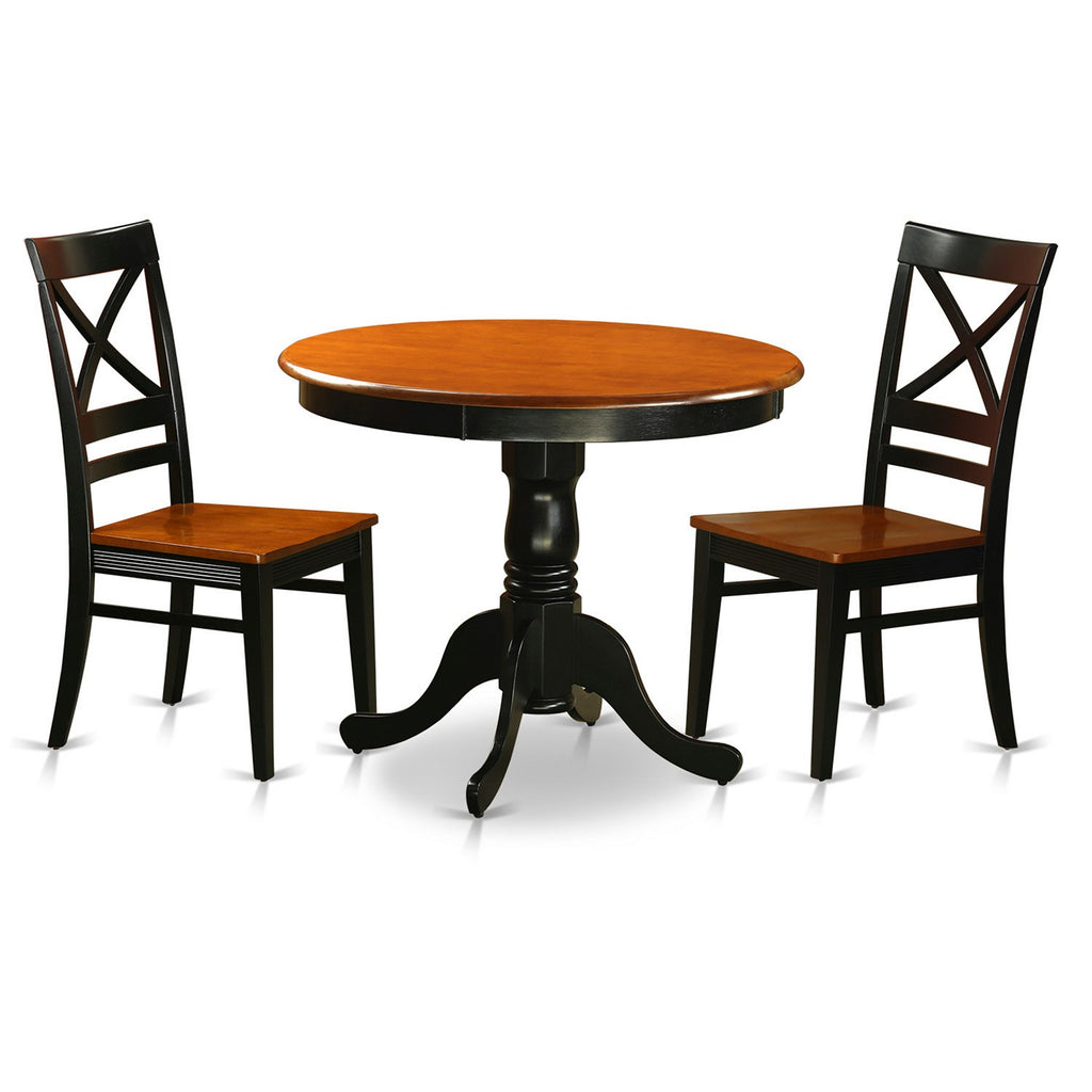 East West Furniture ANQU3-BLK-W 3 Piece Kitchen Table & Chairs Set Contains a Round Dining Room Table with Pedestal and 2 Dining Room Chairs, 36x36 Inch, Black & Cherry