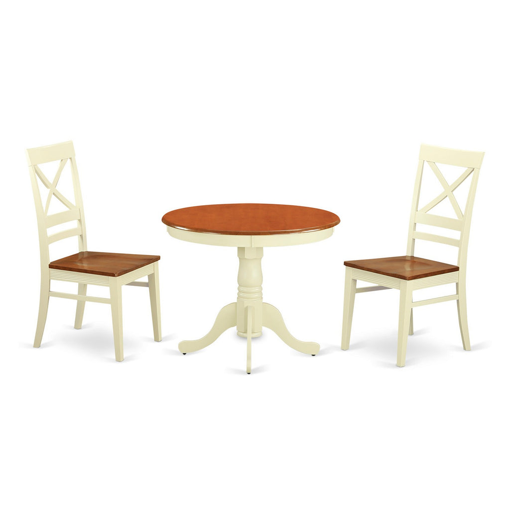 East West Furniture ANQU3-WHI-W 3 Piece Dining Set Contains a Round Dining Room Table with Pedestal and 2 Wood Seat Chairs, 36x36 Inch, Buttermilk & Cherry