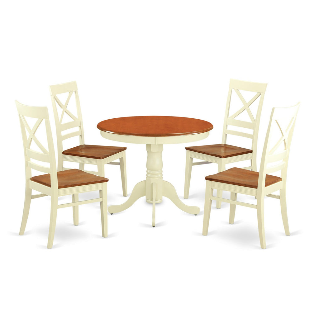 East West Furniture ANQU5-WHI-W 5 Piece Dinette Set for 4 Includes a Round Kitchen Table with Pedestal and 4 Dining Chairs, 36x36 Inch, Buttermilk & Cherry