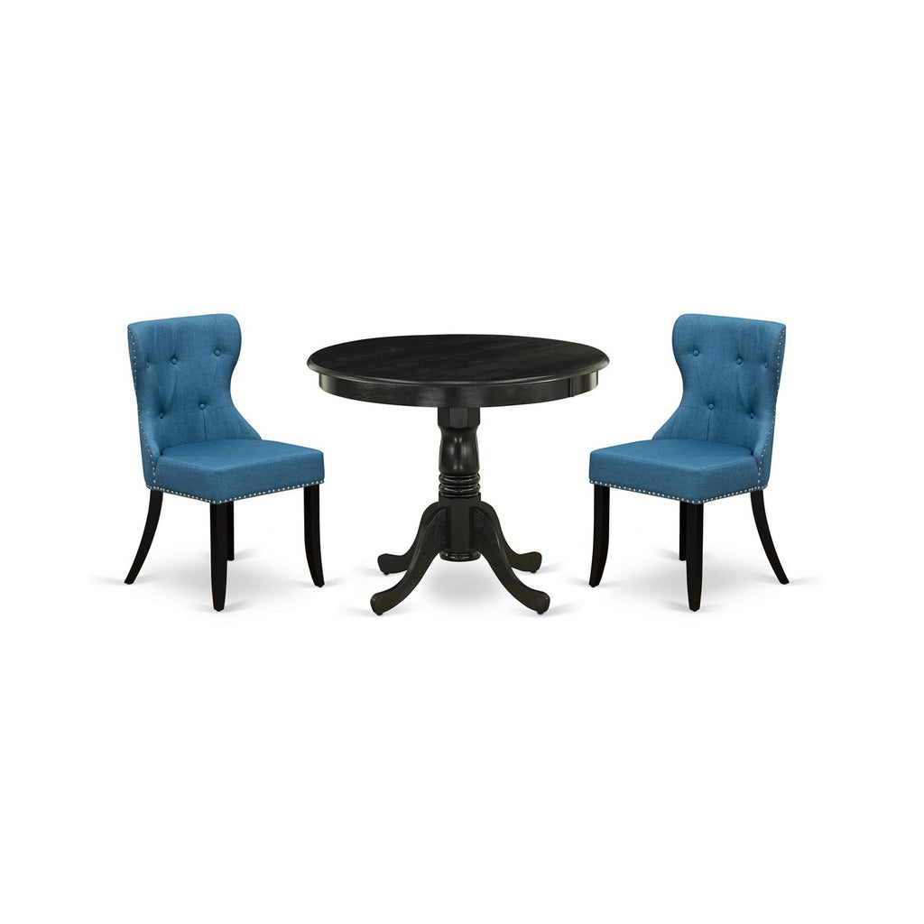 East West Furniture ANSI3-ABK-21 3 Piece Dining Set Contains a Round Kitchen Table with Pedestal and 2 Blue Linen Fabric Parson Dining Room Chairs, 36x36 Inch, Wirebrushed Black
