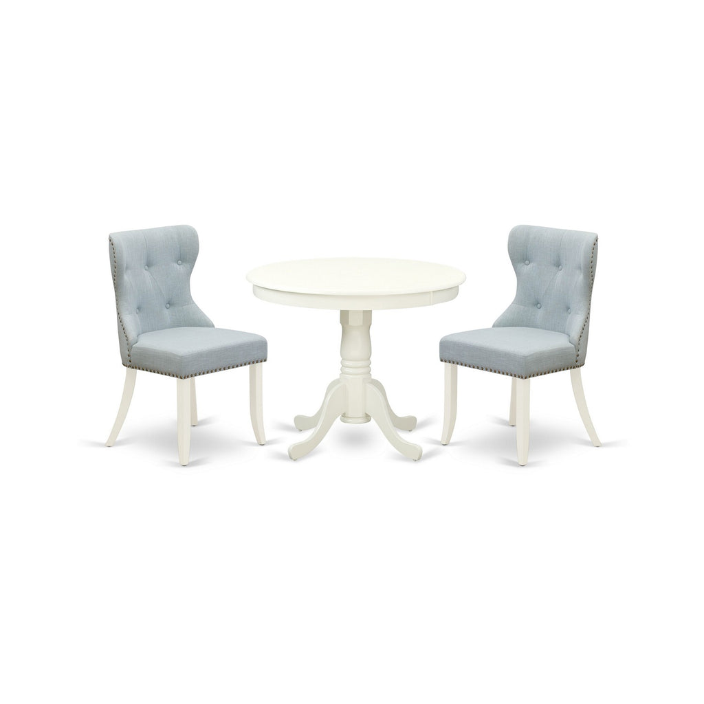East West Furniture ANSI3-LWH-15 3 Piece Kitchen Table & Chairs Set Contains a Round Dining Room Table with Pedestal and 2 Baby Blue Linen Fabric Parsons Chairs, 36x36 Inch, Linen White