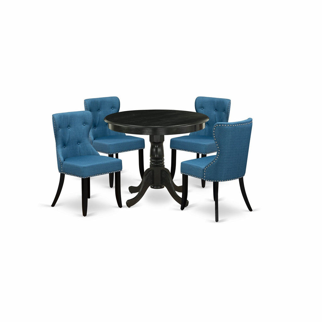 East West Furniture ANSI5-ABK-21 5 Piece Kitchen Table & Chairs Set Includes a Round Dining Room Table with Pedestal and 4 Blue Linen Fabric Parsons Dining Chairs, 36x36 Inch, Wirebrushed Black