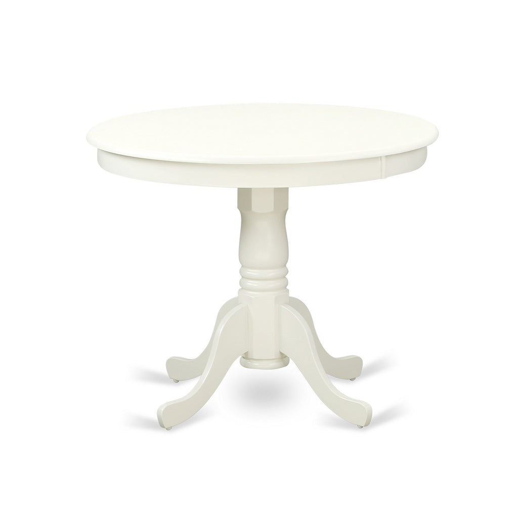 East West Furniture ANGR3-LWH-W 3 Piece Kitchen Table & Chairs Set Contains a Round Dining Room Table with Pedestal and 2 Solid Wood Seat Chairs, 36x36 Inch, Linen White
