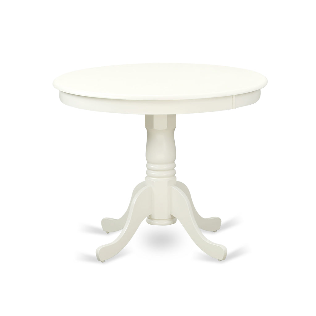 East West Furniture ANDA3-LWH-29 3 Piece Dining Room Furniture Set Consists of a Round Kitchen Table with Pedestal and 2 Padded Chairs, 36x36 Inch, linen white