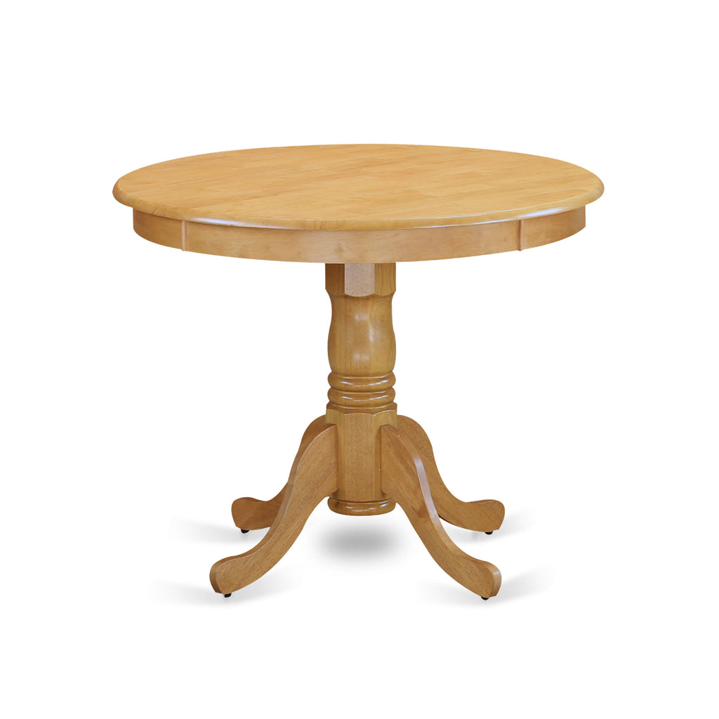 East West Furniture AMAN3-OAK-W 3 Piece Dining Room Furniture Set Contains a Round Dining Table with Pedestal and 2 Wood Seat Chairs, 36x36 Inch, Oak