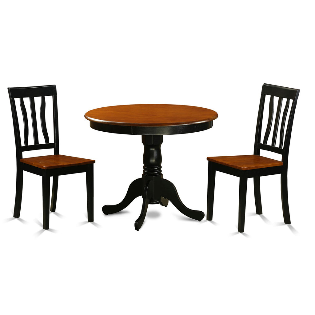 East West Furniture ANTI3-BLK-W 3 Piece Kitchen Table & Chairs Set Contains a Round Dining Room Table with Pedestal and 2 Solid Wood Seat Chairs, 36x36 Inch, Black & Cherry