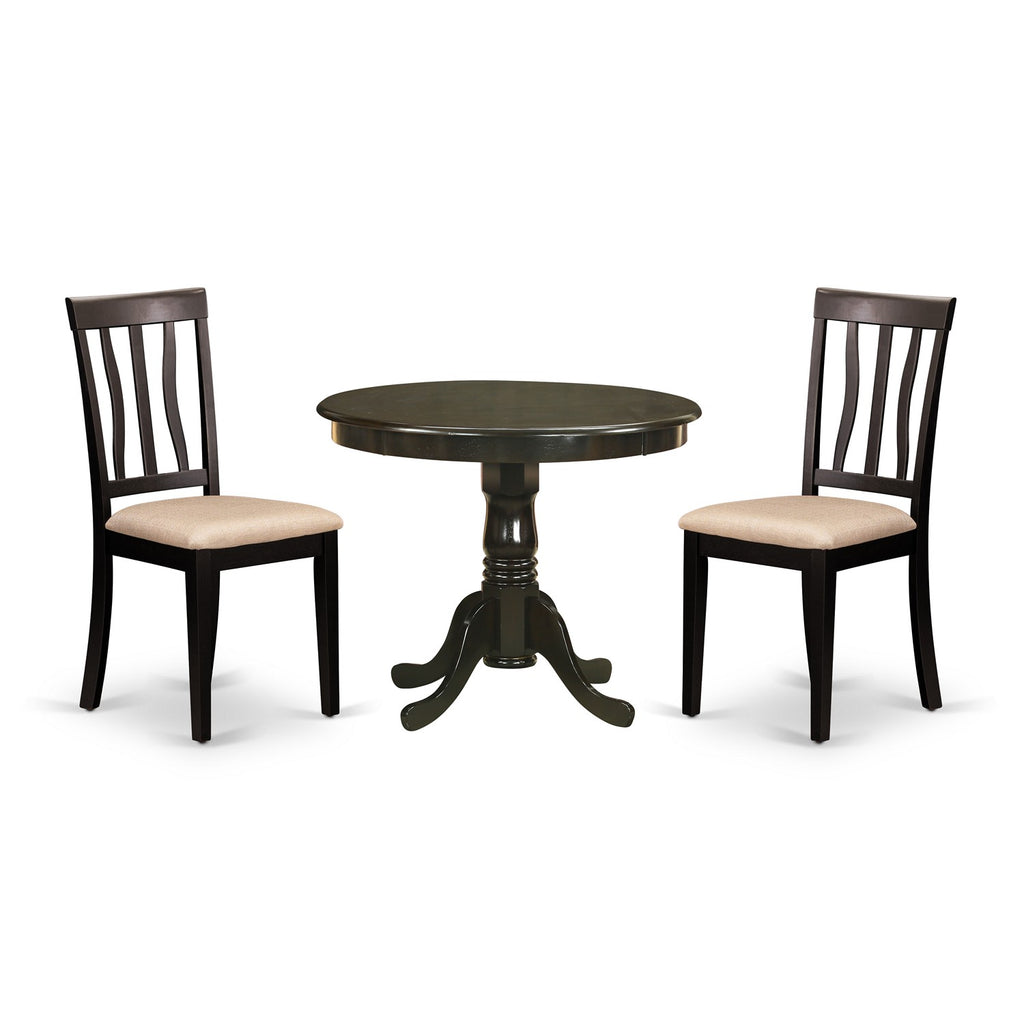 East West Furniture ANTI3-CAP-C 3 Piece Dining Room Table Set Contains a Round Kitchen Table with Pedestal and 2 Linen Fabric Upholstered Dining Chairs, 36x36 Inch, Cappuccino