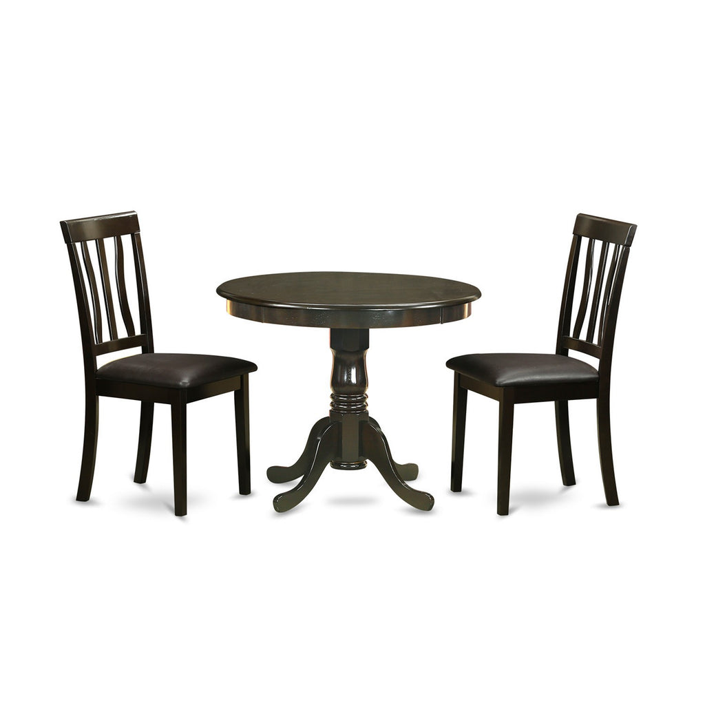 East West Furniture ANTI3-CAP-LC 3 Piece Kitchen Table & Chairs Set Contains a Round Dining Room Table with Pedestal and 2 Faux Leather Dining Room Chairs, 36x36 Inch, Cappuccino