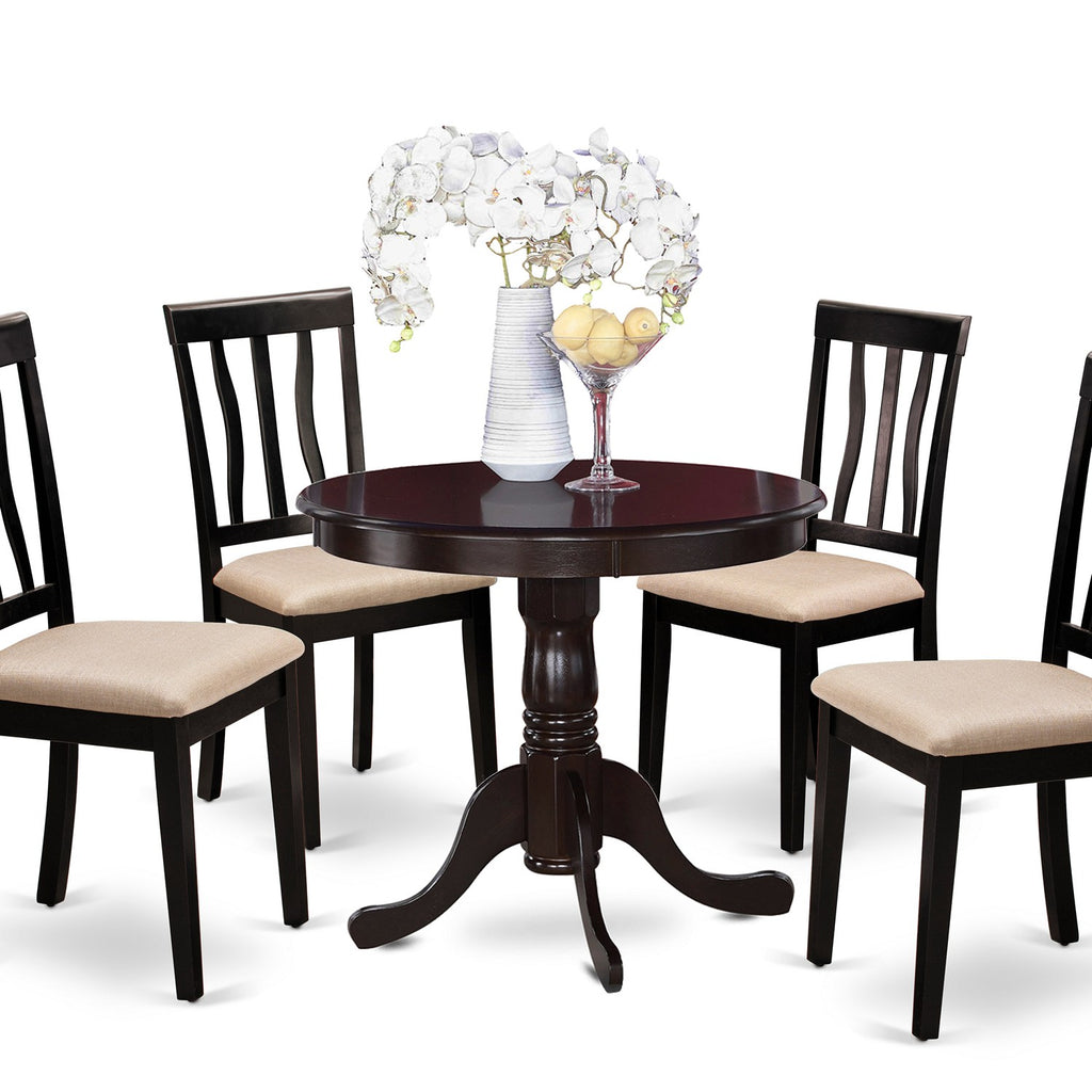 East West Furniture ANTI5-CAP-C 5 Piece Kitchen Table & Chairs Set Includes a Round Dining Room Table with Pedestal and 4 Linen Fabric Upholstered Dining Chairs, 36x36 Inch, Cappuccino
