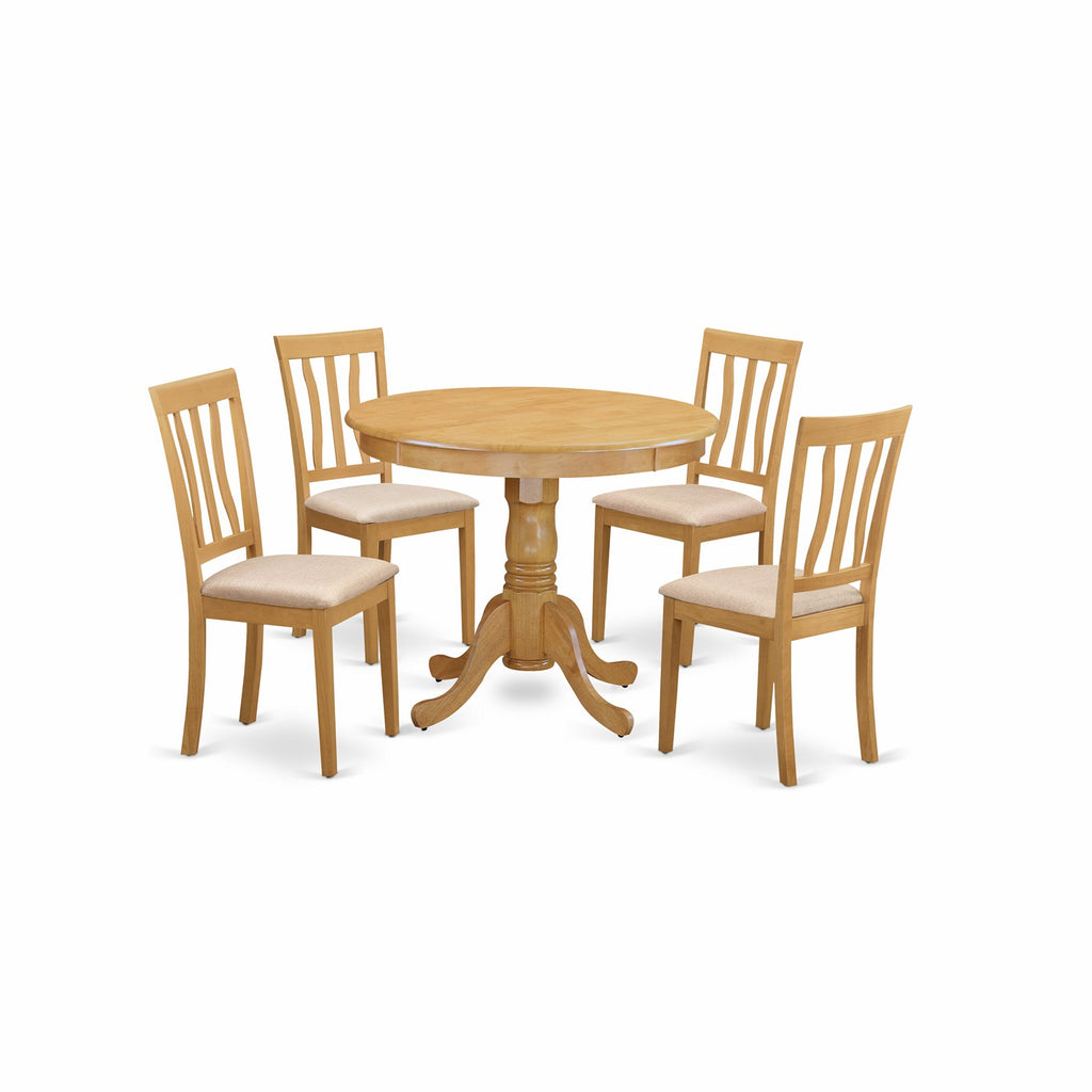 East West Furniture ANTI5-OAK-C 5 Piece Dining Room Table Set Includes a Round Wooden Table with Pedestal and 4 Linen Fabric Kitchen Dining Chairs, 36x36 Inch, Oak