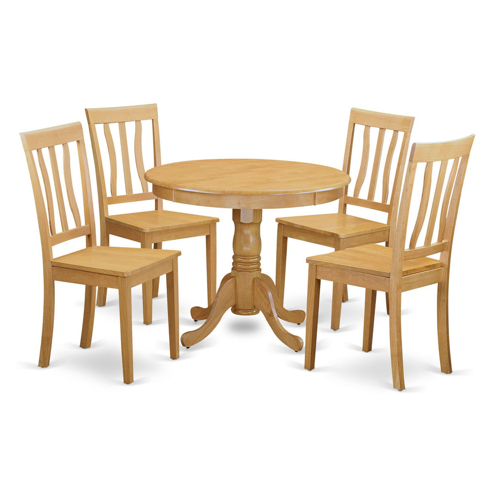 East West Furniture ANTI5-OAK-W 5 Piece Dining Room Table Set Includes a Round Wooden Table with Pedestal and 4 Kitchen Dining Chairs, 36x36 Inch, Oak