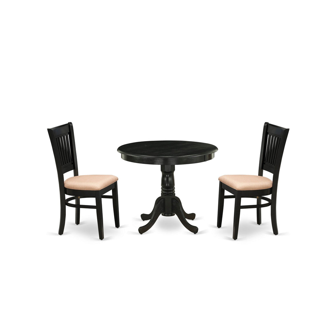 East West Furniture ANVA3-BLK-C 3 Piece Modern Dining Table Set Contains a Round Kitchen Table with Pedestal and 2 Linen Fabric Dining Room Chairs, 36x36 Inch, Black