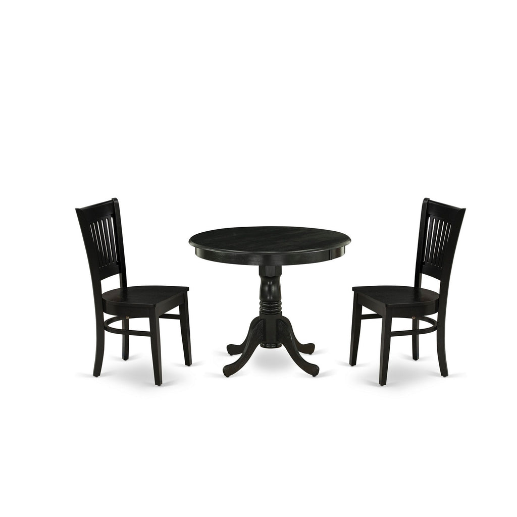 East West Furniture ANVA3-BLK-W 3 Piece Kitchen Table Set for Small Spaces Contains a Round Dining Room Table with Pedestal and 2 Dining Chairs, 36x36 Inch, Black