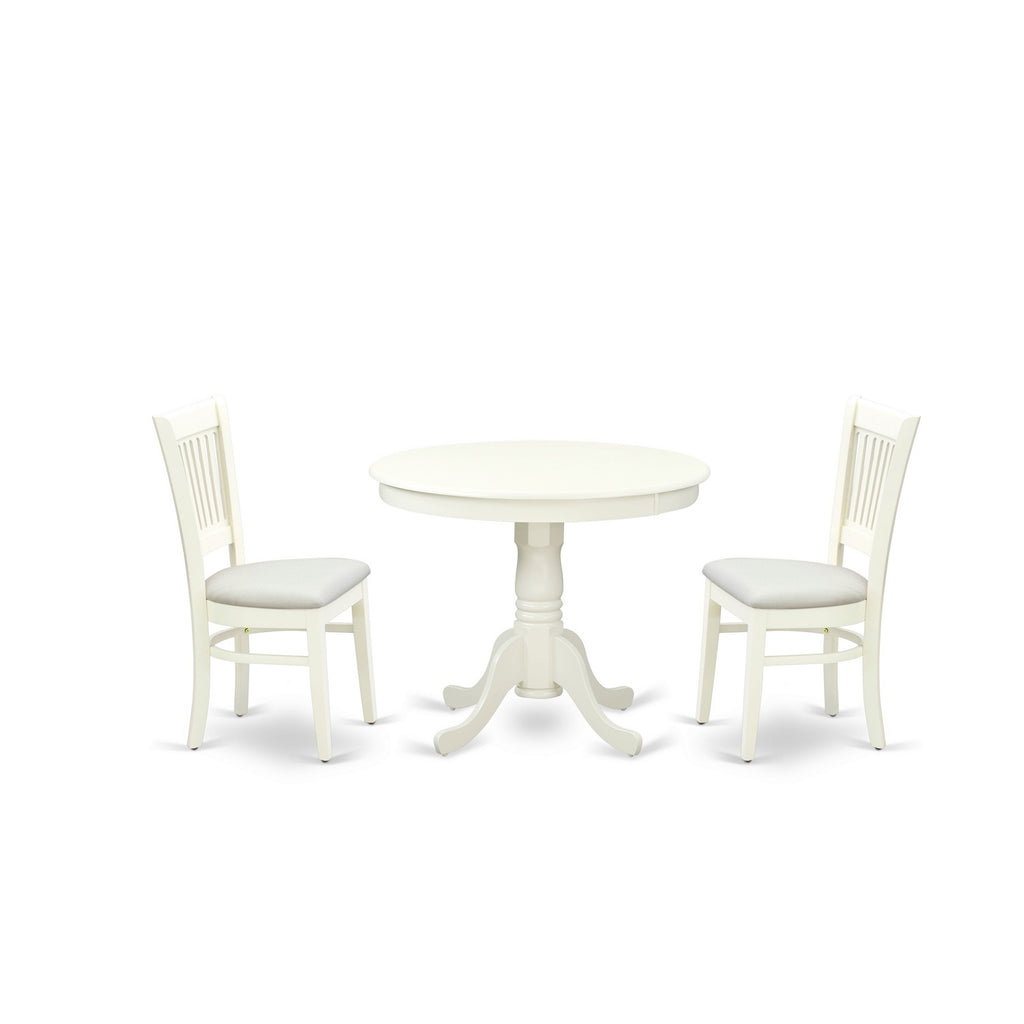 East West Furniture ANVA3-LWH-C 3 Piece Dining Table Set for Small Spaces Contains a Round Kitchen Table with Pedestal and 2 Linen Fabric Kitchen Dining Chairs, 36x36 Inch, Linen White