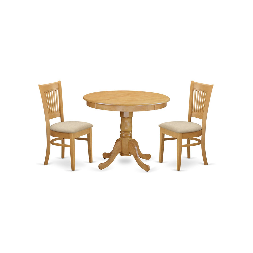 East West Furniture ANVA3-OAK-C 3 Piece Kitchen Table Set for Small Spaces Contains a Round Dining Room Table with Pedestal and 2 Linen Fabric Upholstered Chairs, 36x36 Inch, Oak