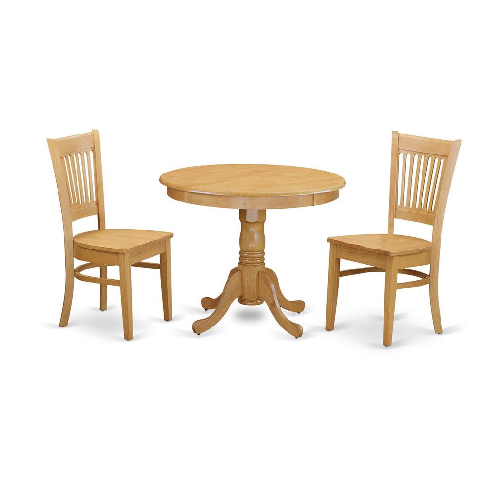 East West Furniture ANVA3-OAK-W 3 Piece Dining Table Set for Small Spaces Contains a Round Kitchen Table with Pedestal and 2 Dining Room Chairs, 36x36 Inch, Oak