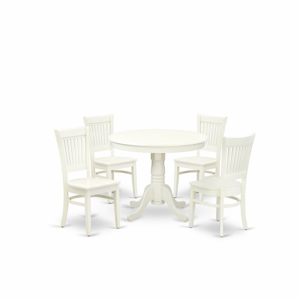 East West Furniture ANVA5-LWH-W 5 Piece Kitchen Table Set for 4 Includes a Round Dining Room Table with Pedestal and 4 Solid Wood Seat Chairs, 36x36 Inch, Linen White