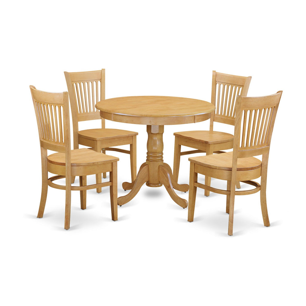 East West Furniture ANVA5-OAK-W 5 Piece Dining Set Includes a Round Dining Room Table with Pedestal and 4 Wood Seat Chairs, 36x36 Inch, Oak