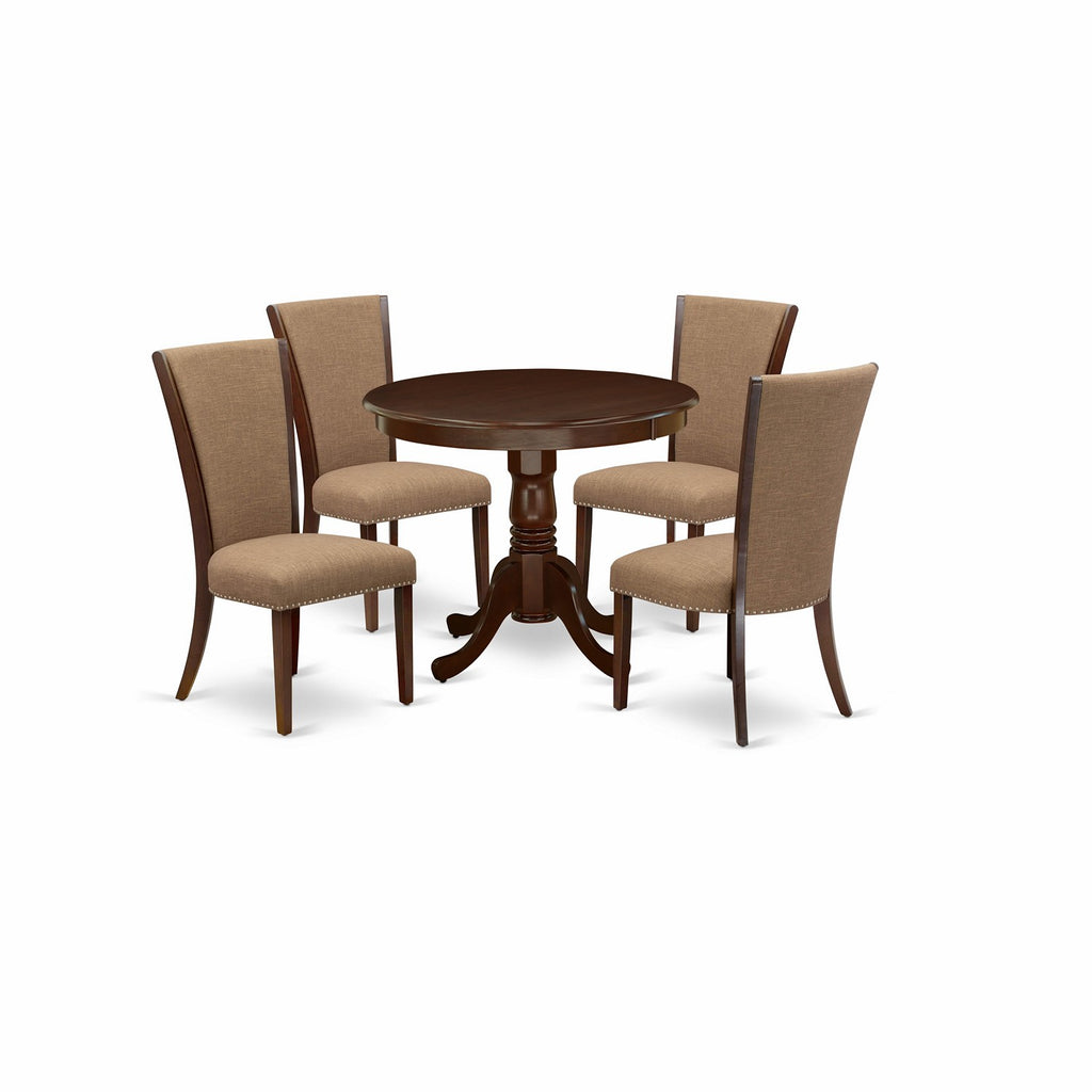 East West Furniture ANVE5-MAH-47 5 Piece Kitchen Table & Chairs Set Includes a Round Dining Room Table with Pedestal and 4 Light Sable Linen Fabric Parsons Chairs, 36x36 Inch, Linen White