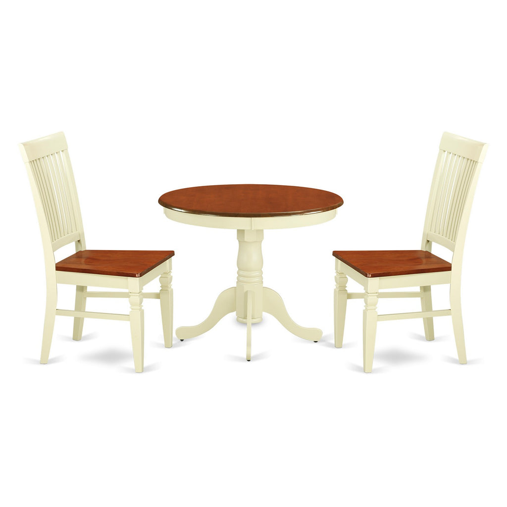 East West Furniture ANWE3-BMK-W 3 Piece Dining Room Table Set Contains a Round Kitchen Table with Pedestal and 2 Dining Chairs, 36x36 Inch, Buttermilk & Cherry