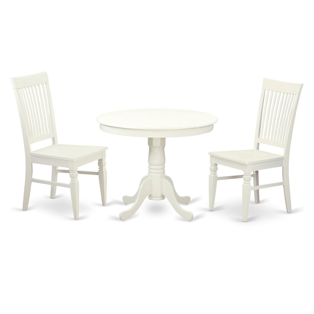 East West Furniture ANWE3-LWH-W 3 Piece Kitchen Table Set for Small Spaces Contains a Round Dining Room Table with Pedestal and 2 Dining Chairs, 36x36 Inch, Linen White