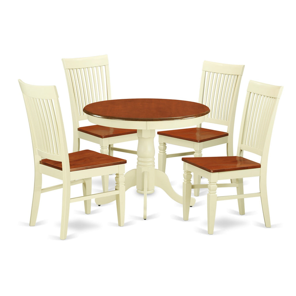 East West Furniture ANWE5-BMK-W 5 Piece Dining Room Table Set Includes a Round Wooden Table with Pedestal and 4 Kitchen Dining Chairs, 36x36 Inch, Buttermilk & Cherry