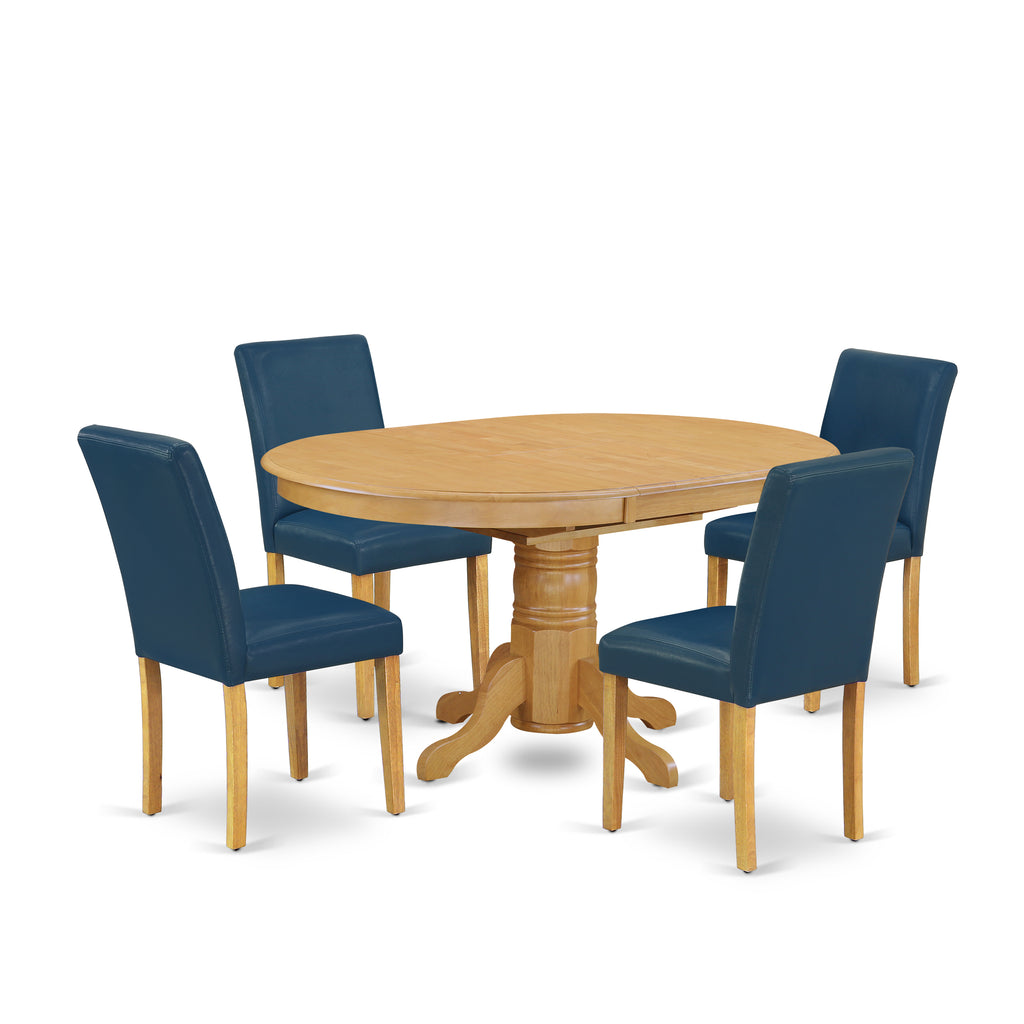 East West Furniture AVAB5-OAK-55 5 Piece Dining Set Includes an Oval Dining Room Table with Butterfly Leaf and 4 Oasis Blue Faux Leather Upholstered Parson Chairs, 42x60 Inch, Oak