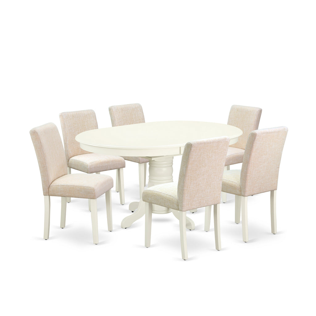 East West Furniture AVAB7-LWH-02 7 Piece Dining Table Set Consist of an Oval Kitchen Table with Butterfly Leaf and 6 Light Beige Linen Fabric Parson Dining Chairs, 42x60 Inch, Linen White