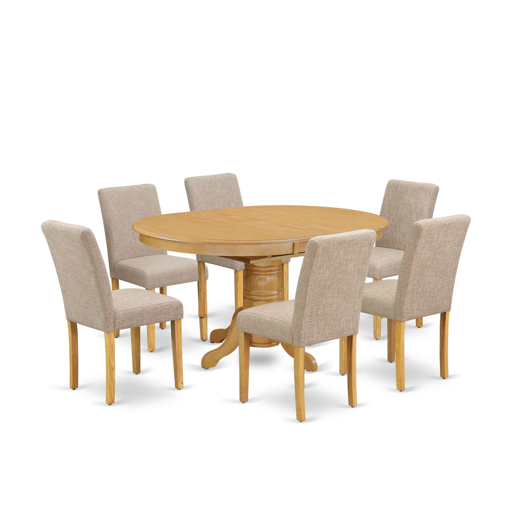 East West Furniture AVAB7-OAK-04 7 Piece Dining Room Table Set Consist of an Oval Kitchen Table with Butterfly Leaf and 6 Light Tan Linen Fabric Parson Dining Chairs, 42x60 Inch, Oak