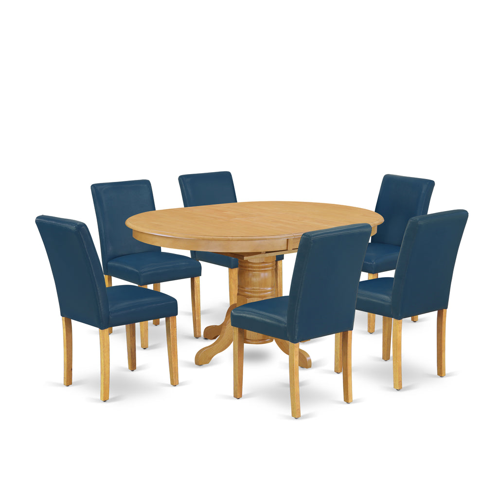 East West Furniture AVAB7-OAK-55 7 Piece Dining Table Set Consist of an Oval Dining Room Table with Butterfly Leaf and 6 Oasis Blue Faux Leather Upholstered Chairs, 42x60 Inch, Oak