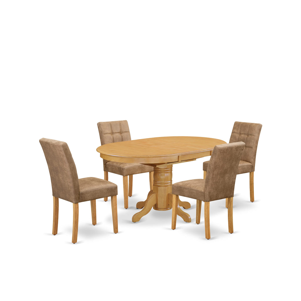 East West Furniture AVAS5-OAK-28 5 Piece Mid Century Modern Dining Set contain A Dinner Table and 4 Brown Textured Faux Leather Upholstered Chairs, Oak