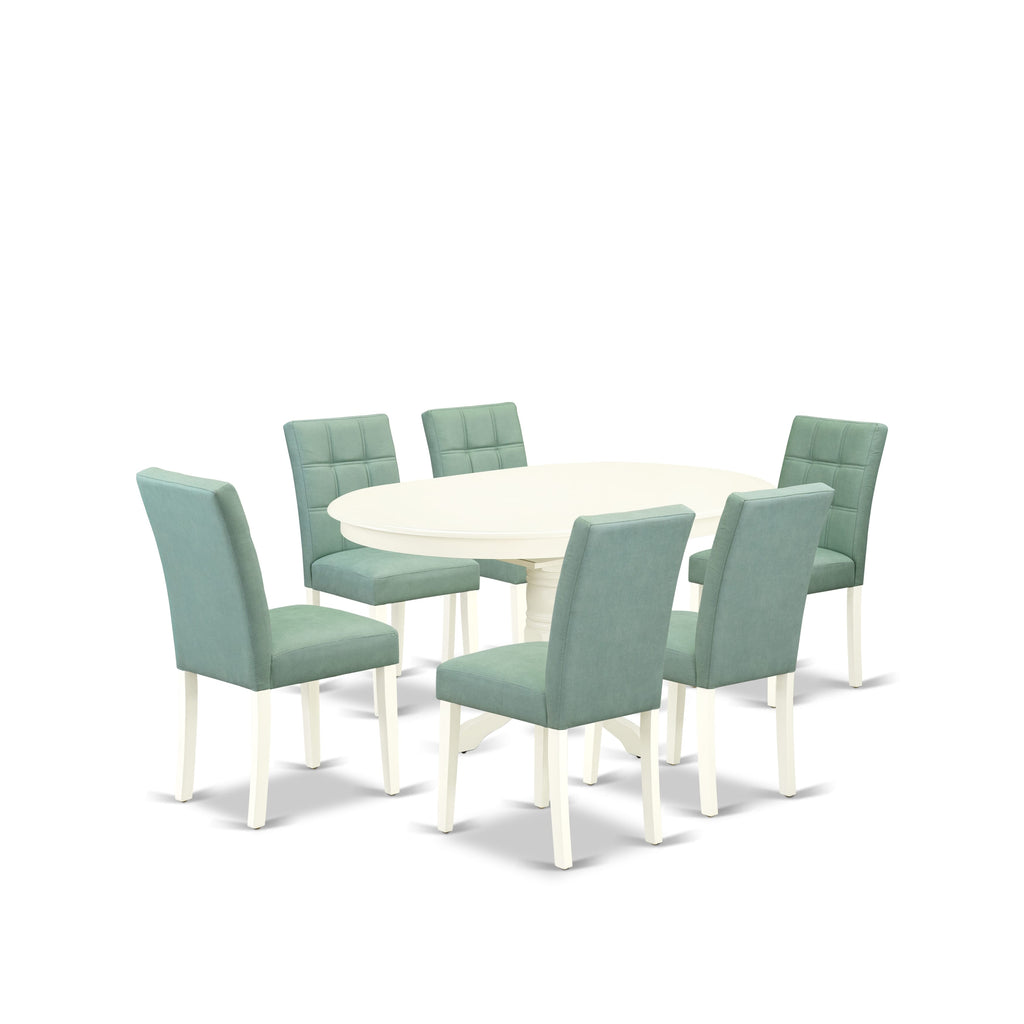 East West Furniture AVAS7-LWH-43 7 Piece Dining Table Set contain A Kitchen Table and 6 Willow Green Faux Leather Dining Room Chairs, Linen White