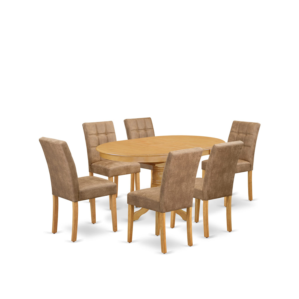 East West Furniture AVAS7-OAK-28 7 Piece Kitchen Dining Table Set consists A Wood Table and 6 Brown Textured Faux Leather Parson Dining Chairs, Oak