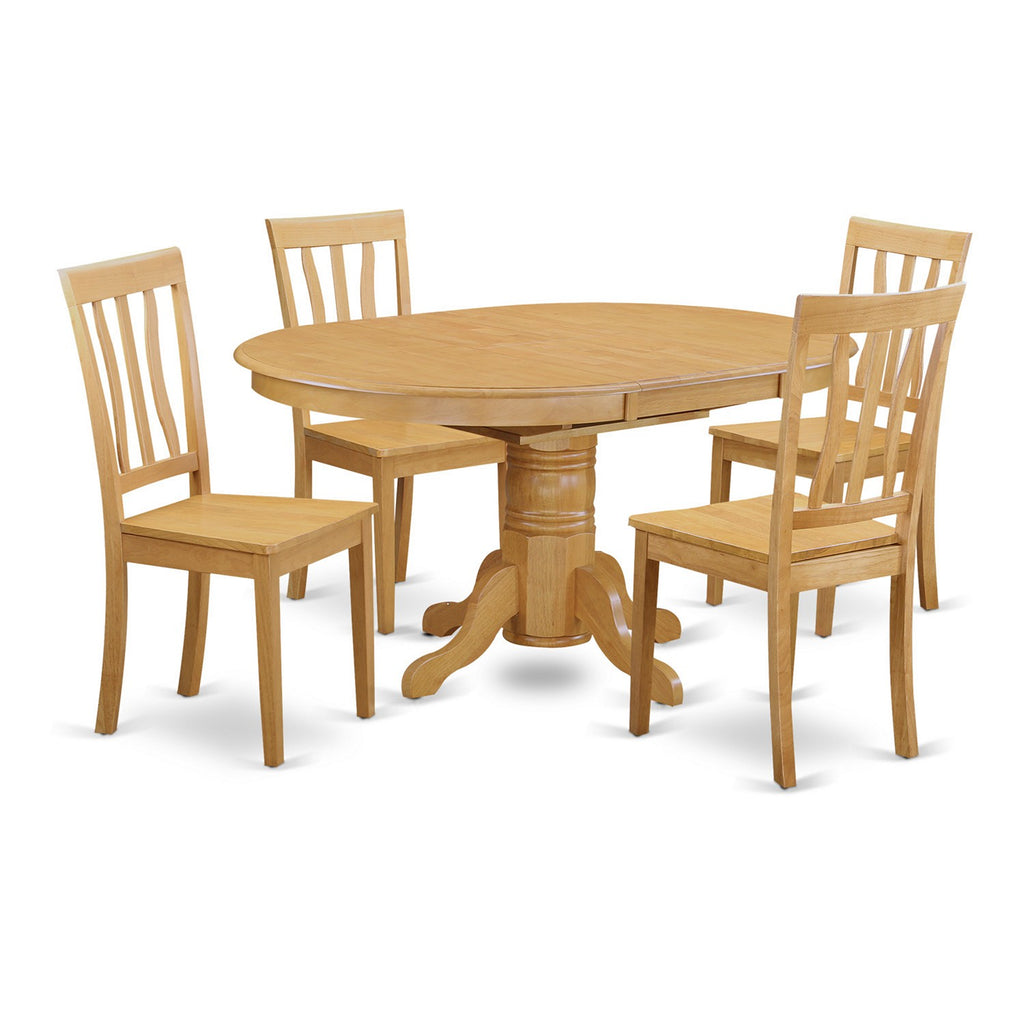 East West Furniture AVAT5-OAK-W 5 Piece Kitchen Table Set for 4 Includes an Oval Dining Room Table with Butterfly Leaf and 4 Solid Wood Seat Chairs, 42x60 Inch, Oak