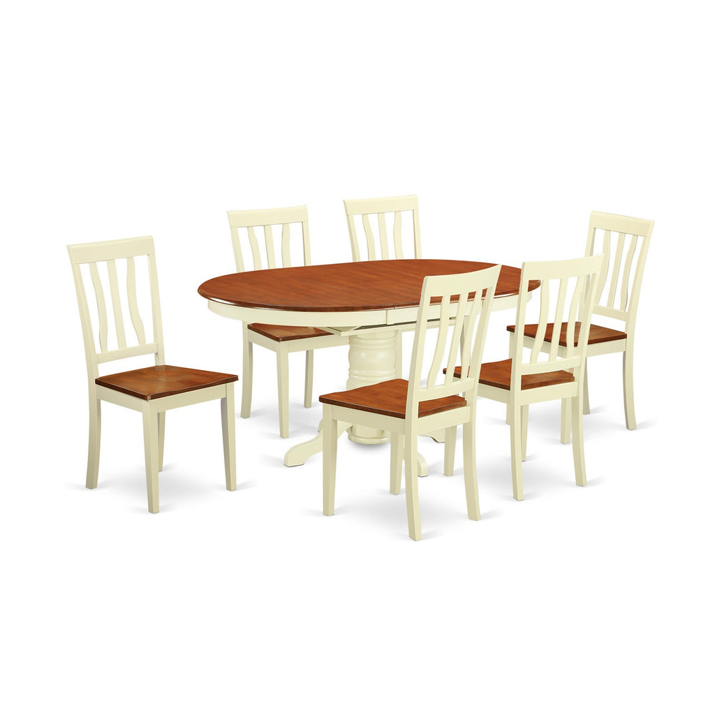 East West Furniture AVAT7-WHI-W 7 Piece Dining Table Set Consist of an Oval Dining Room Table with Butterfly Leaf and 6 Wooden Seat Chairs, 42x60 Inch, Buttermilk & Cherry
