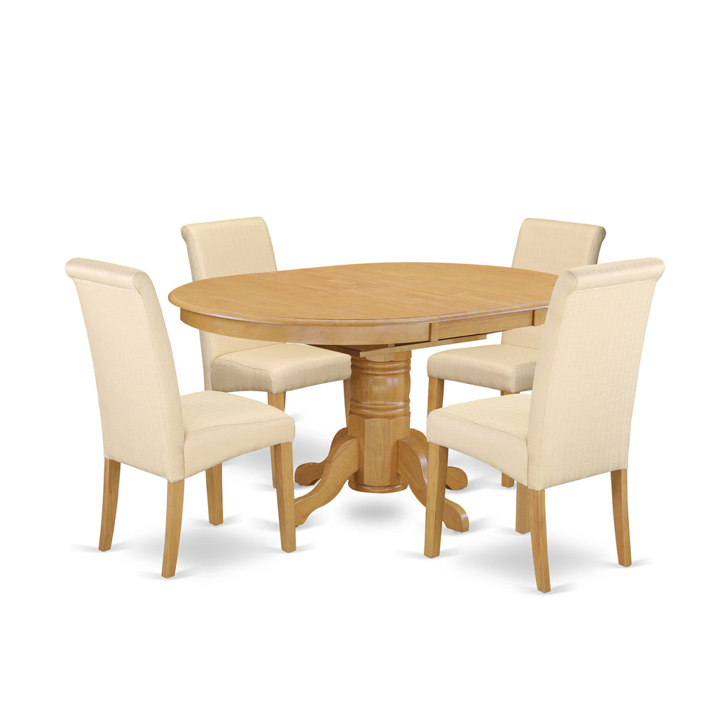 East West Furniture AVBA5-OAK-02 5 Piece Dinette Set Includes an Oval Dining Room Table with Butterfly Leaf and 4 Light Beige Linen Fabric Upholstered Chairs, 42x60 Inch, Oak