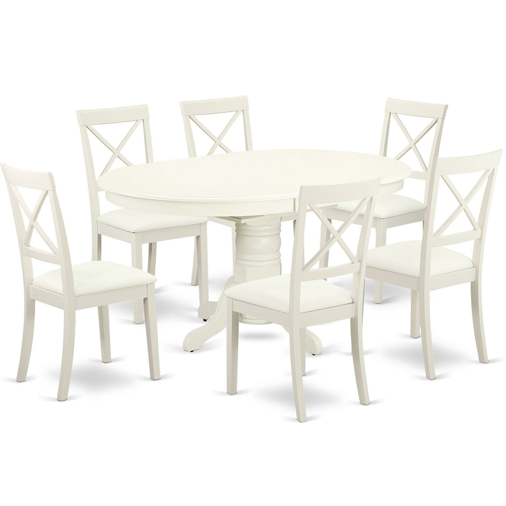 East West Furniture AVBO7-LWH-LC 7 Piece Dining Table Set Consist of an Oval Dinner Table with Butterfly Leaf and 6 Faux Leather Dining Room Chairs, 42x60 Inch, Linen White