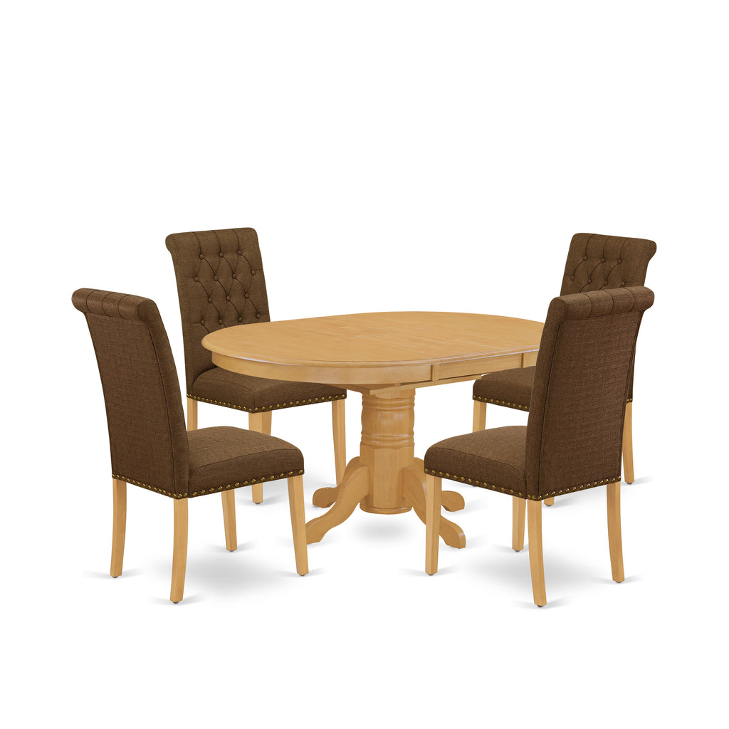 East West Furniture AVBR5-OAK-18 5 Piece Dining Set Includes an Oval Dining Room Table with Butterfly Leaf and 4 Brown Linen Linen Fabric Upholstered Chairs, 42x60 Inch, Oak