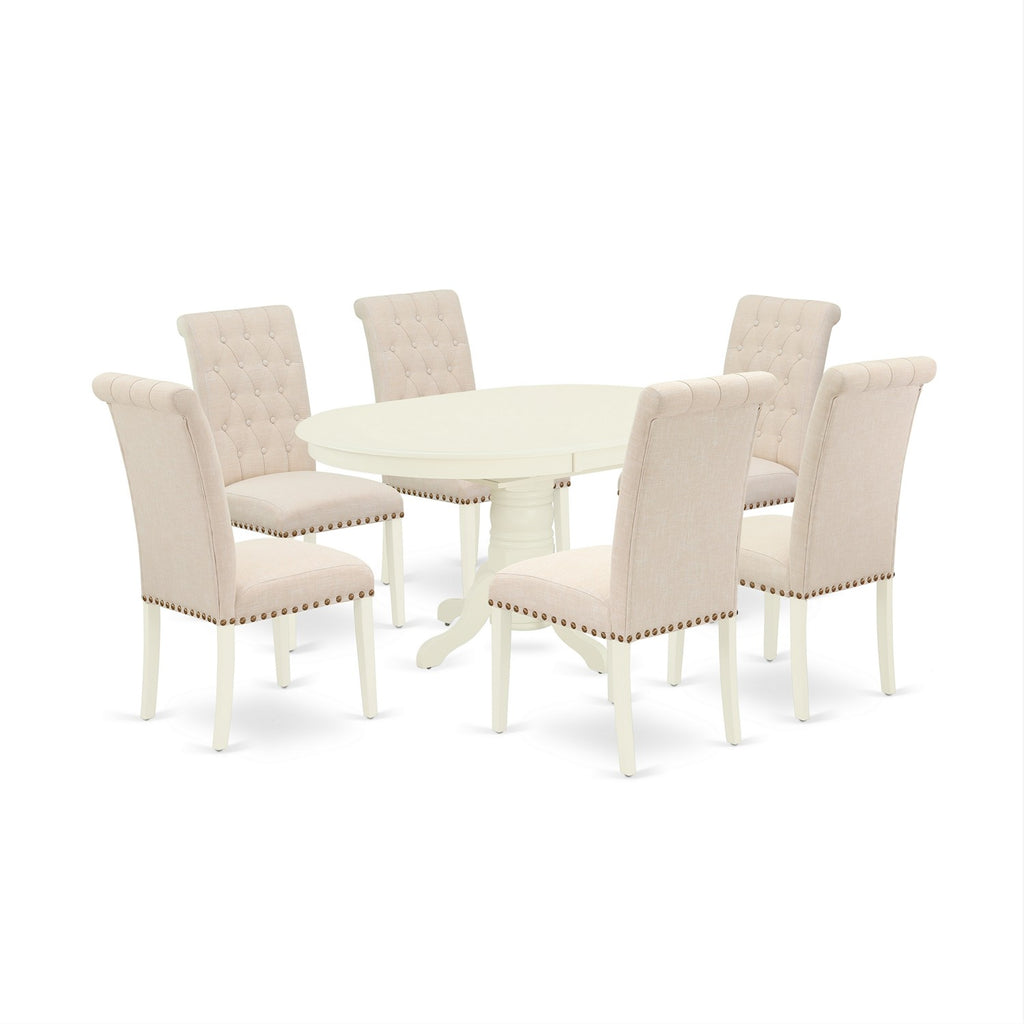 East West Furniture AVBR7-LWH-02 7 Piece Kitchen Table Set Consist of an Oval Dining Room Table with Butterfly Leaf and 6 Light Beige Linen Fabric Parson Chairs, 42x60 Inch, Linen White