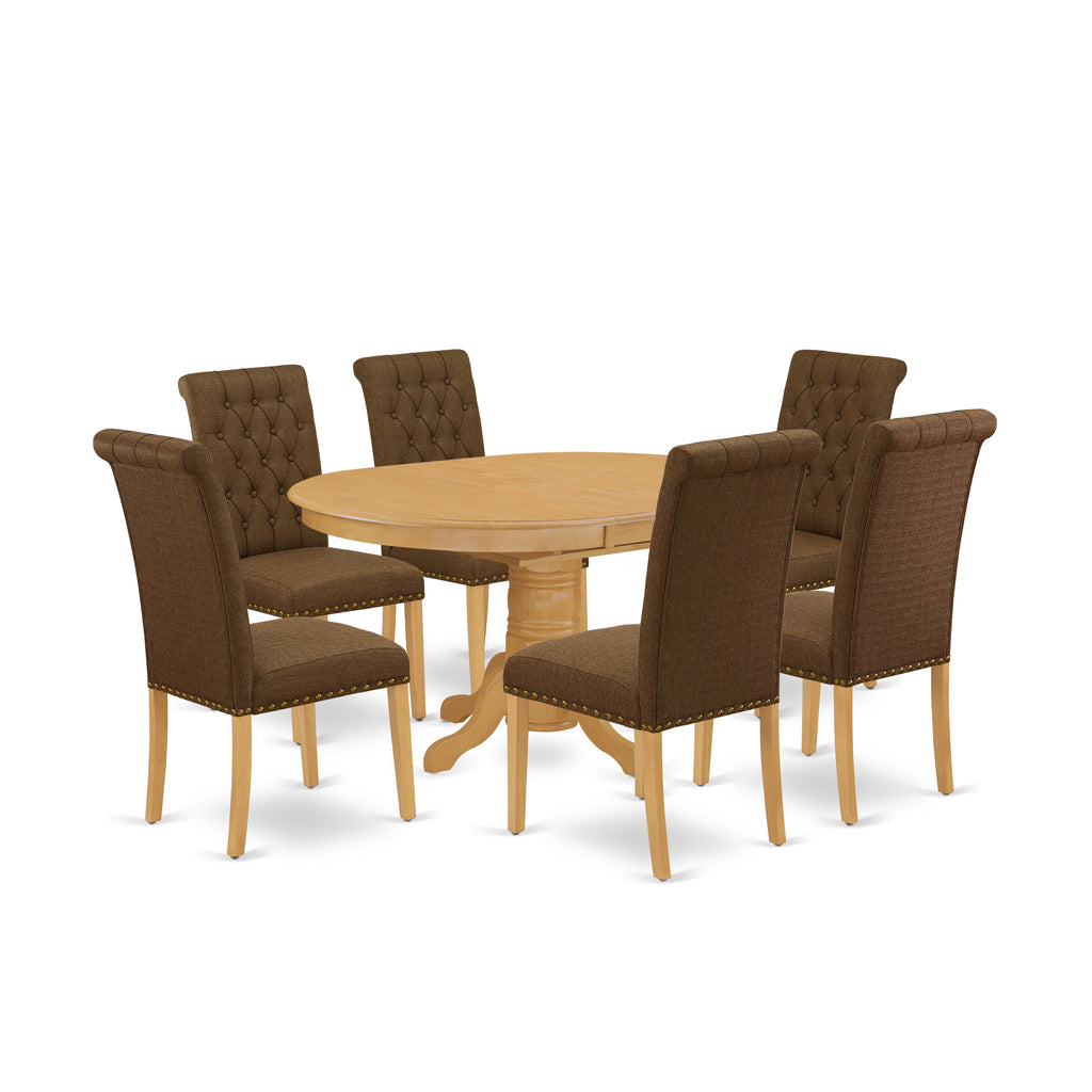 East West Furniture AVBR7-OAK-18 7 Piece Dining Room Furniture Set Consist of an Oval Dinner Table with Butterfly Leaf and 6 Brown Linen Linen Fabric Parson Chairs, 42x60 Inch, Oak