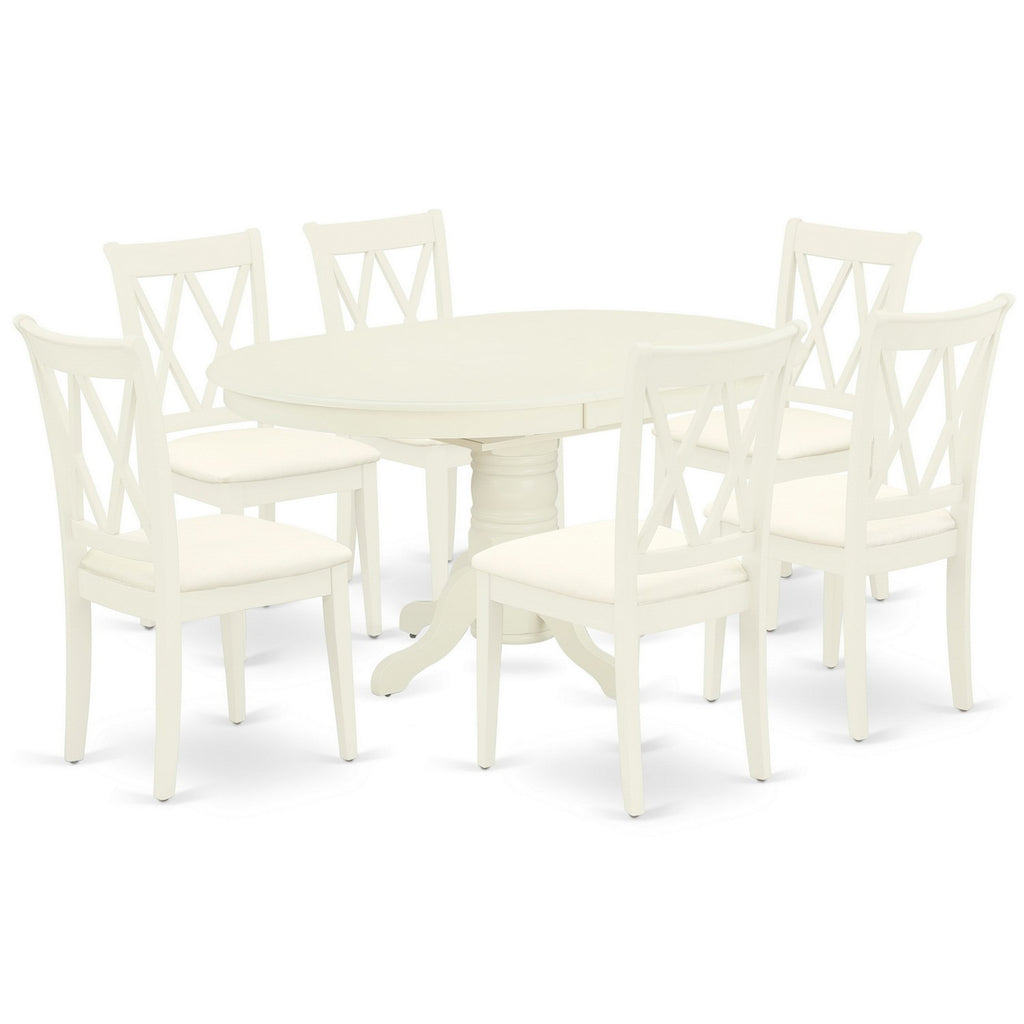 East West Furniture AVCL7-LWH-C 7 Piece Dining Room Table Set Consist of an Oval Kitchen Table with Butterfly Leaf and 6 Linen Fabric Upholstered Dining Chairs, 42x60 Inch, Linen White