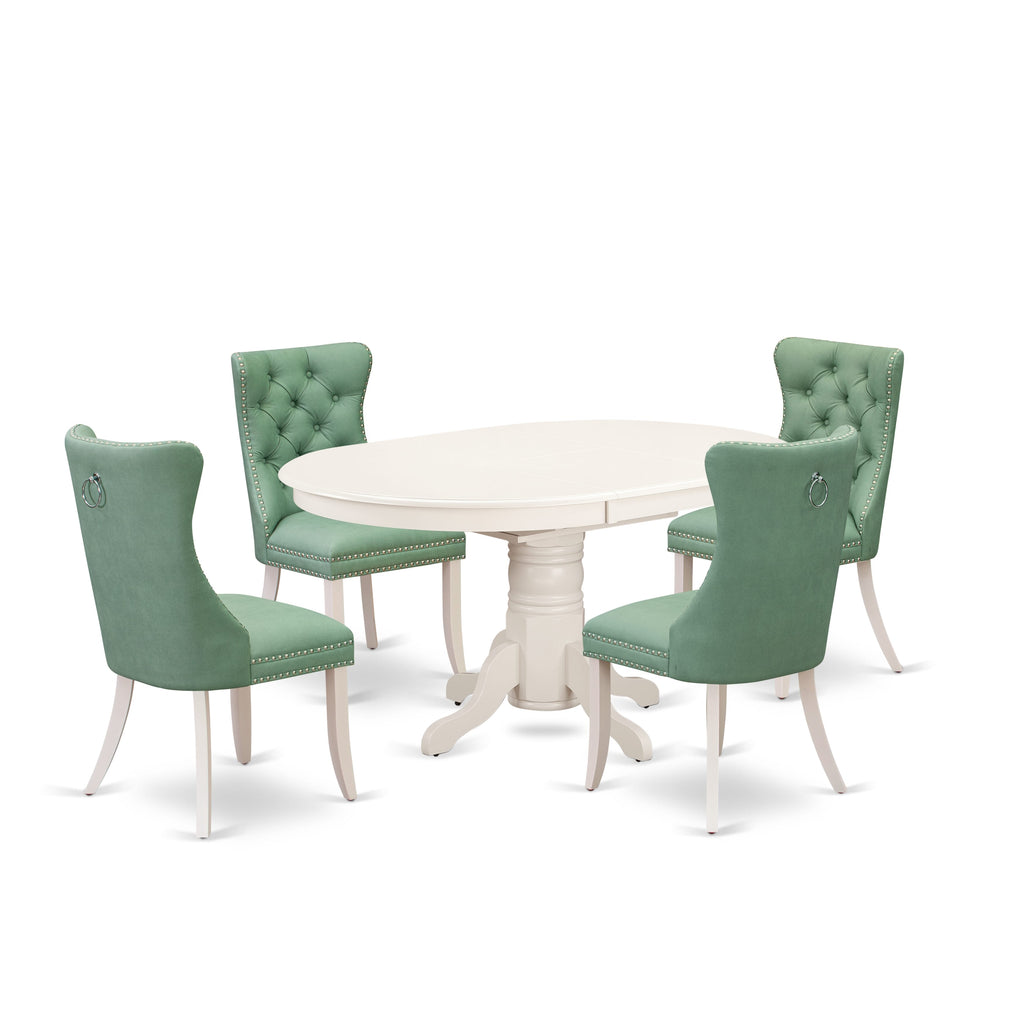 East West Furniture AVDA5-LWH-22 5 Piece Kitchen Table & Chairs Set Consists of an Oval Dining Table with Butterfly Leaf and 4 Upholstered Chairs, 42x60 Inch, linen white