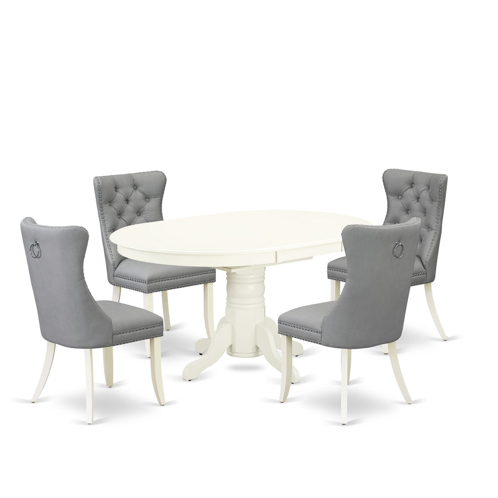 East West Furniture AVDA5-LWH-27 5 Piece Dining Set Contains an Oval Kitchen Table with Butterfly Leaf and 4 Upholstered Parson Chairs, 42x60 Inch, linen white